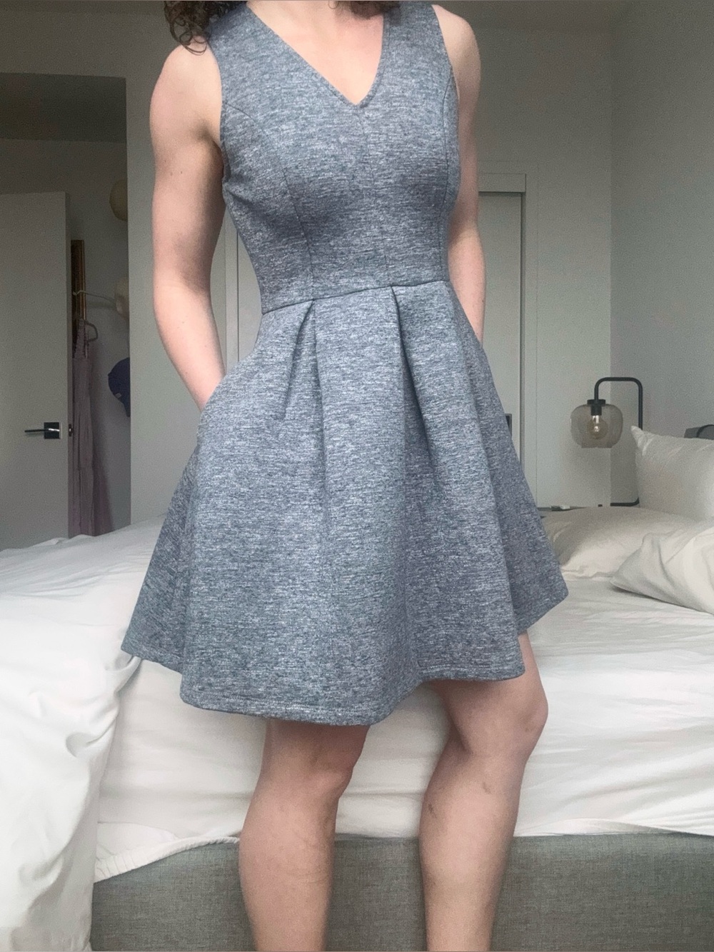 Francesca’s V-Neck Blue Fit-and-Flare Skater Dress A-Line Gray pocket sleeveless